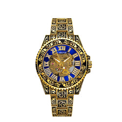 New Men's Fashion Casual Hollow Retro Carved Gold and Blue Fully Automatic Mechanical Watch