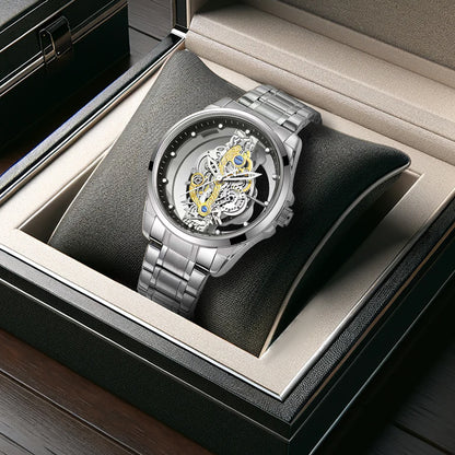 K-1822 Silver Steel Band Hot Fashion Business Double-sided Transparent Hollow Men's Quartz Watch