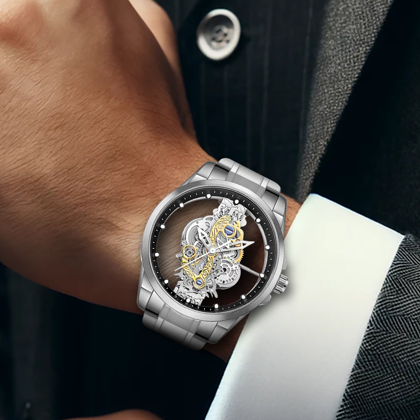 K-1822 Silver Steel Band Hot Fashion Business Double-sided Transparent Hollow Men's Quartz Watch