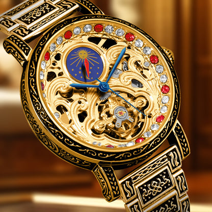 Luxury gold retro carved automatic mechanical watch for men fashion red diamond skeleton dial tourbillon watch