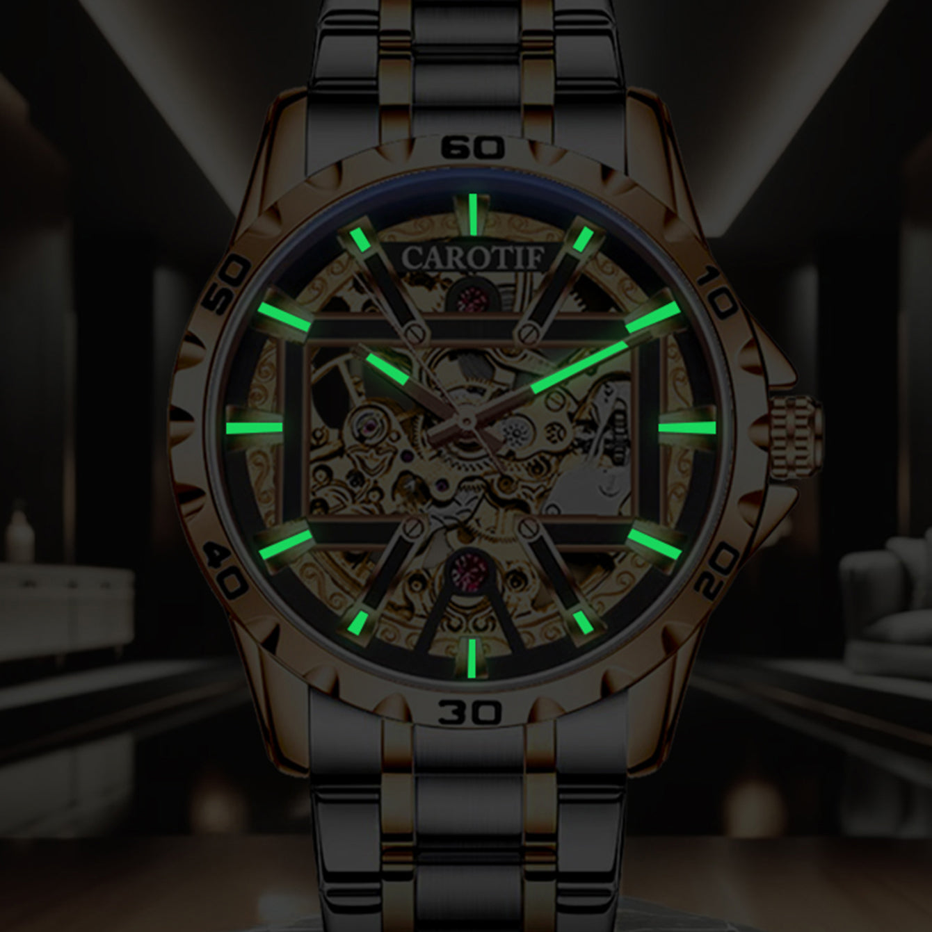 New Men's Rose Gold Carved Pattern Fashion Hollow Fully Automatic Mechanical Watch Luminous Waterproof