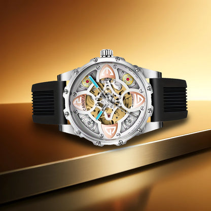 F-4 New Men's Fashion Clover Black Skeleton Mechanical Watch Glass Silicone Stainless Steel Tourbillon Watch Round Buckle