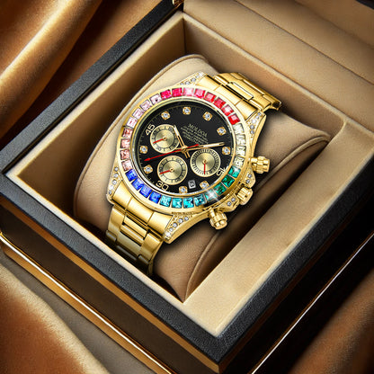 Luxury Gold Steel Band Rainbow Diamond Men's Quartz Watch with Calendar Waterproof Luminous