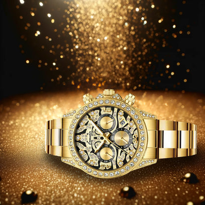 New luxury men's watch steel strap Fashion business gold tiger diamond multi-functional quartz watch