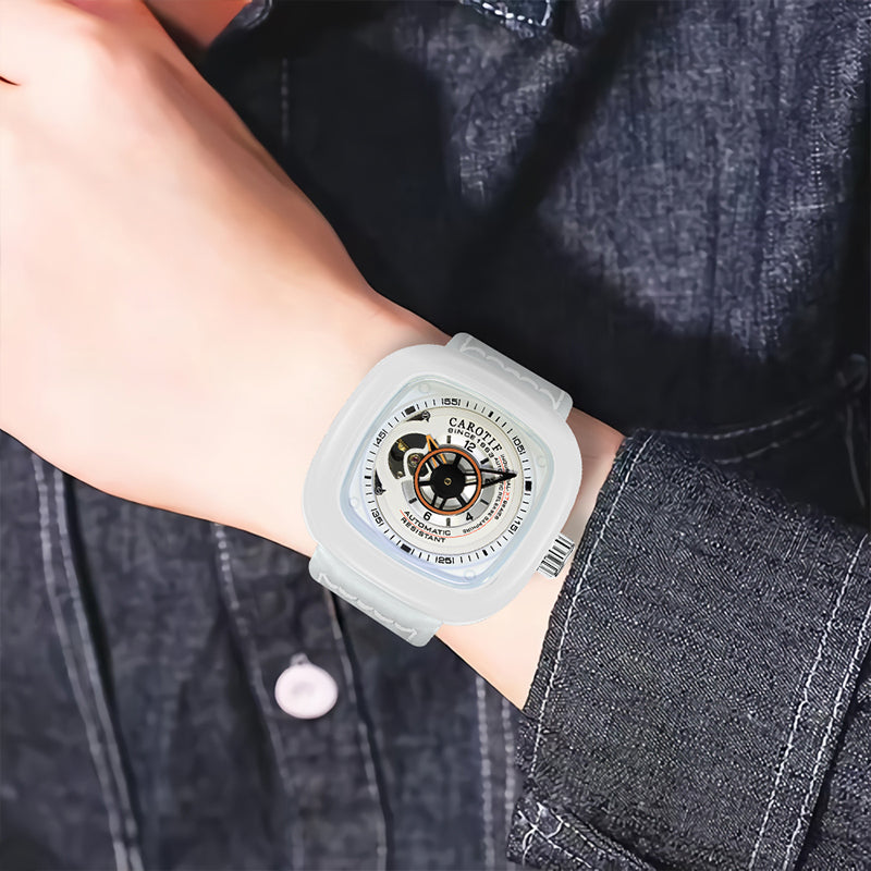 1003 New Men's Fashion White Leather Belt Square Hollow Waterproof Fully Automatic Mechanical Watch