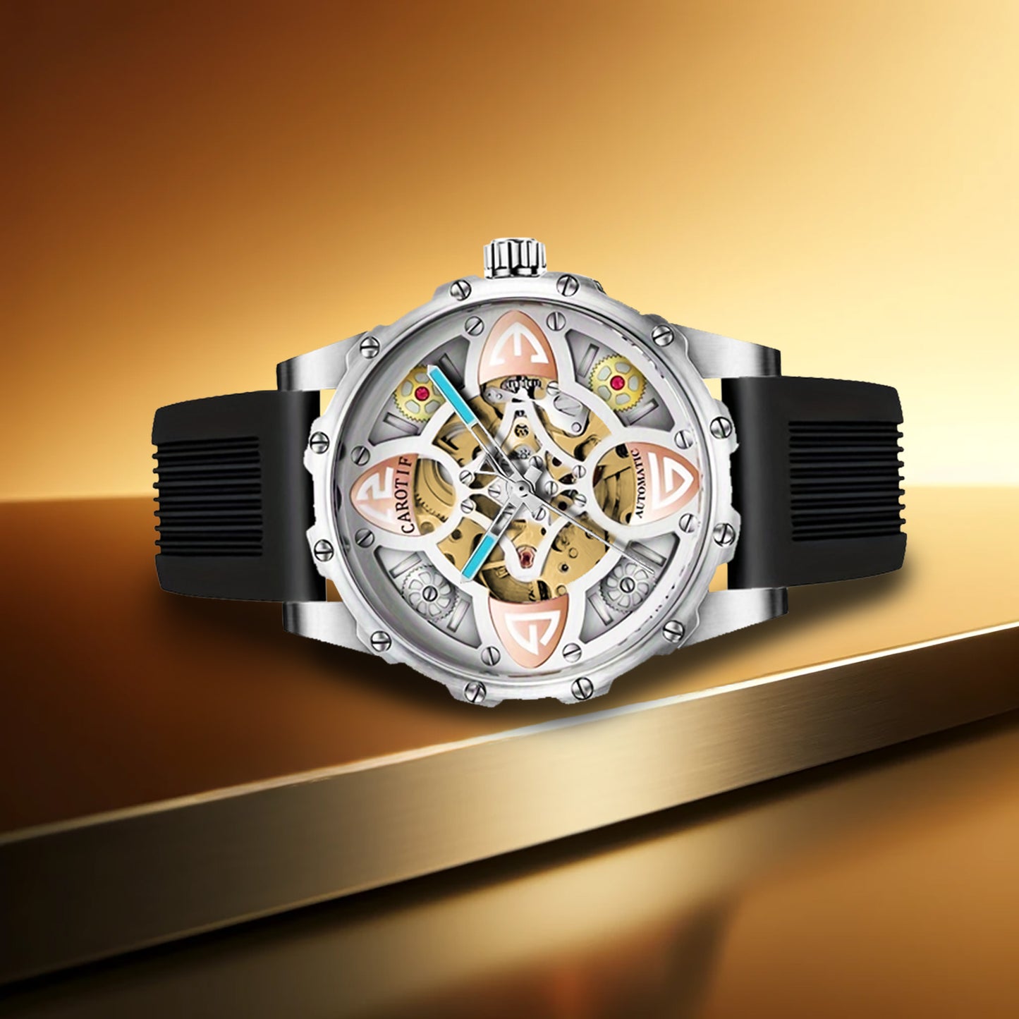 F-4 New Men's Fashion Clover Black Skeleton Mechanical Watch Glass Silicone Stainless Steel Tourbillon Watch Round Buckle