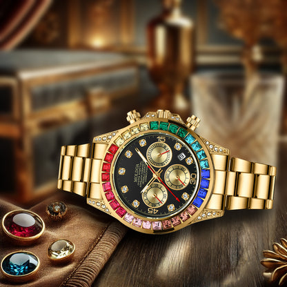 Luxury Gold Steel Band Rainbow Diamond Men's Quartz Watch with Calendar Waterproof Luminous