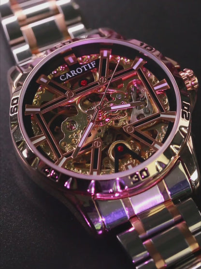 New Men's Rose Gold Carved Pattern Fashion Hollow Fully Automatic Mechanical Watch Luminous Waterproof
