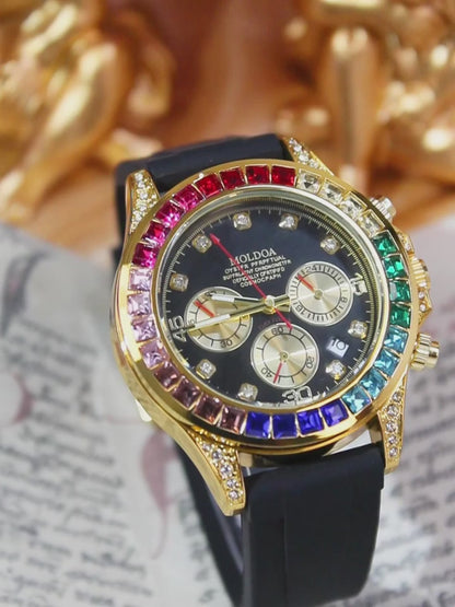 Men's Gold Alloy Rainbow Diamond Fashion Black Silicone Strap Multifunctional Quartz Watch