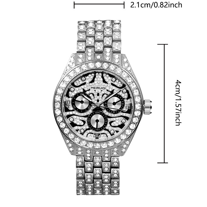 MEIRUIQI new silver diamond three-eye tiger dial fashion men's quartz watch