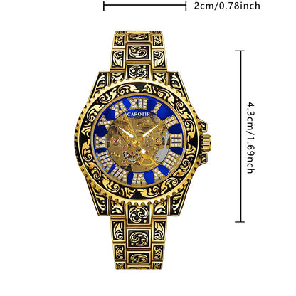 New Men's Fashion Casual Hollow Retro Carved Gold and Blue Fully Automatic Mechanical Watch